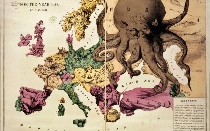 Political map of Europe in the year 1877 with Russia depicted as an Octopus