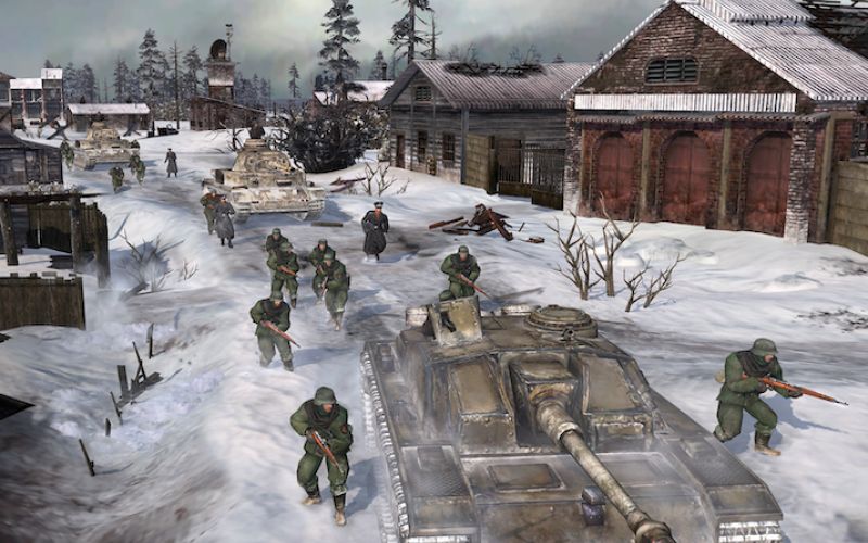 Soldaten der Wehrmacht in einem sowjetischen Dorf im Spiel Company of Heroes