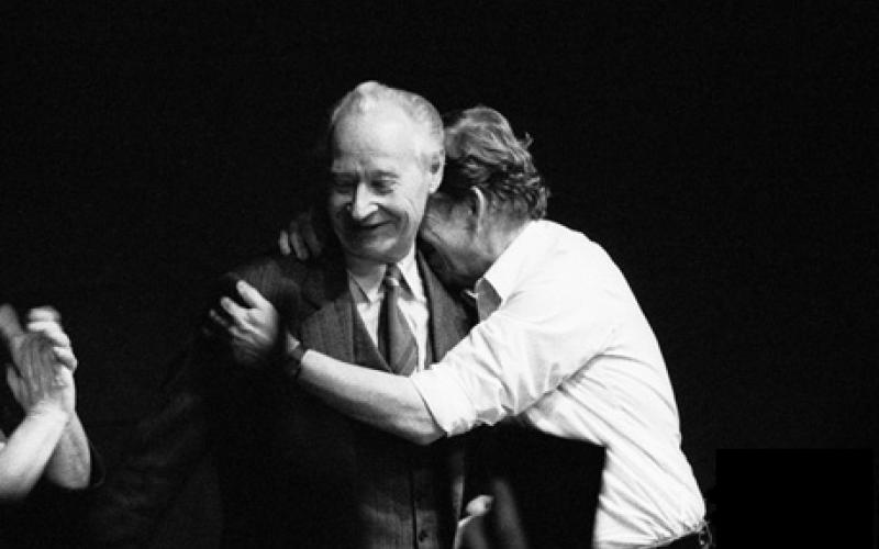 Václav Havel embraces Alexander Dubček at a meeting in the Laterna Magika theatre in Prague, at 24 November 1989. That same night the whole leadership of the Czechoslovak Communist Party resigns.