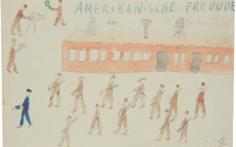 Amerikanische Freunde in Buchenwald, 1945, Zeichnung von Thomas Geve. © Yad Vashem 