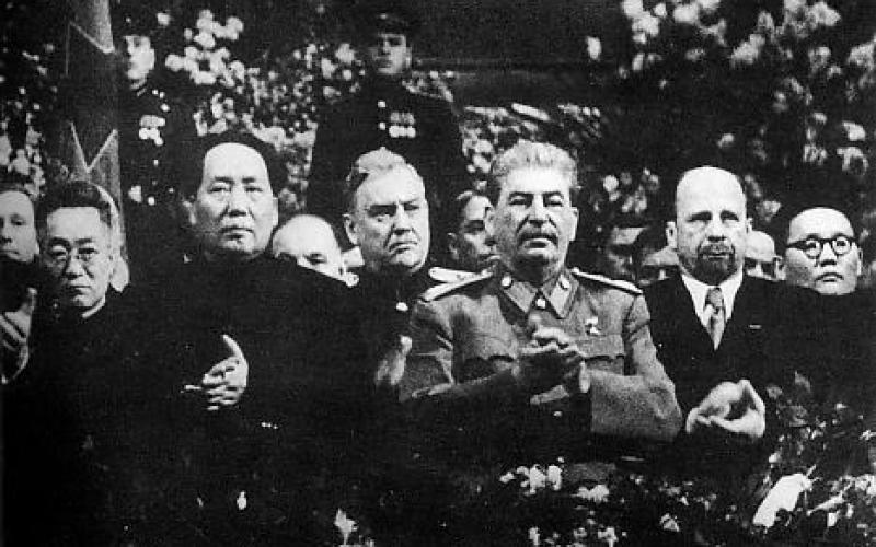 Mao at Stalin's side on a ceremony arranged for Stalin's 71th birthday in Moscow in December 1949. Behind between them is Marshal of the Soviet Union Nikolai Bulganin. on the right hand of Stalin is Walter Ulbricht of East Germany and at the edge Mongolia