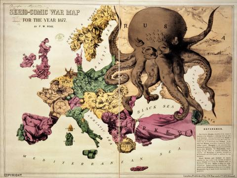 Political map of Europe in the year 1877 with Russia depicted as an Octopus