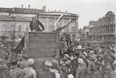 Vladimir Ilyych Lenin addresses Red Army troops headed for the Polish front at the Bolshoi Theatre in Moscow, 1920.