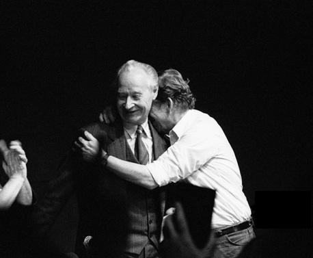 Václav Havel embraces Alexander Dubček at a meeting in the Laterna Magika theatre in Prague, at 24 November 1989. That same night the whole leadership of the Czechoslovak Communist Party resigns.