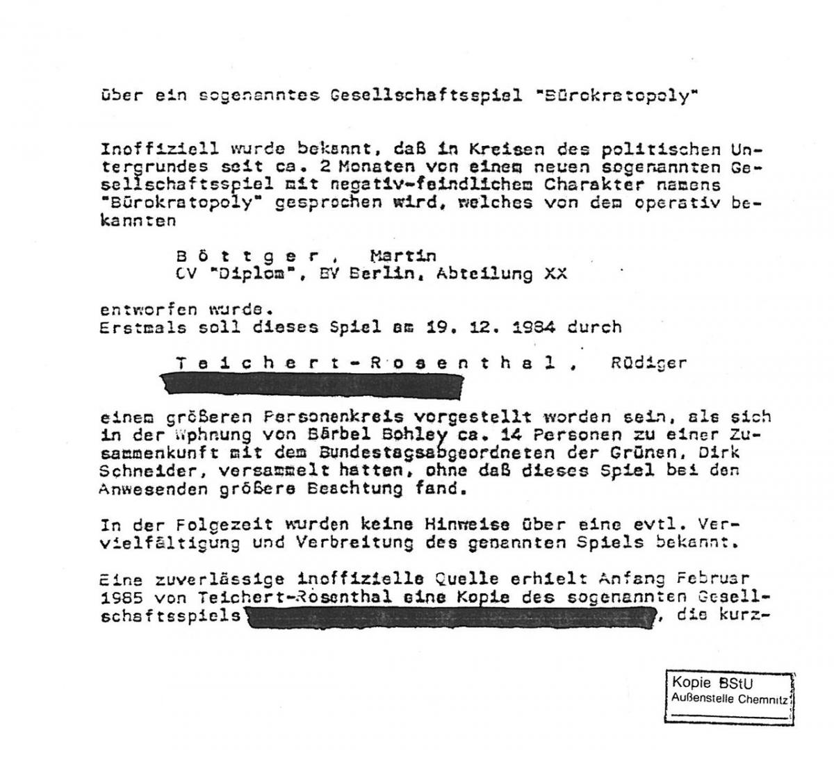 Auszug aus der Stasi-Akte. Diese ist auch im Spielmaterial enthalten. Quelle: Martin Böttger.