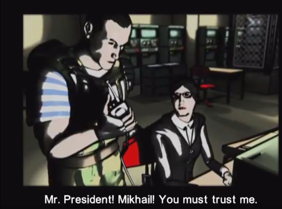 Der Präsident wird durch seinen Leibwächter vor dem Komplott gegen ihn gewarnt. Screenshot aus dem Spiel